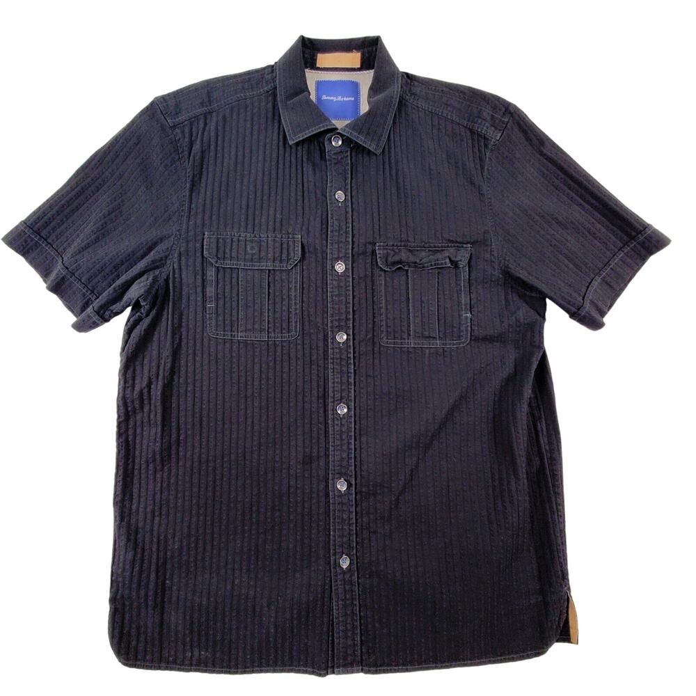Tommy Bahama Textured Dual Pocket Black Button Up Short Sleeve Shirt Men's Large